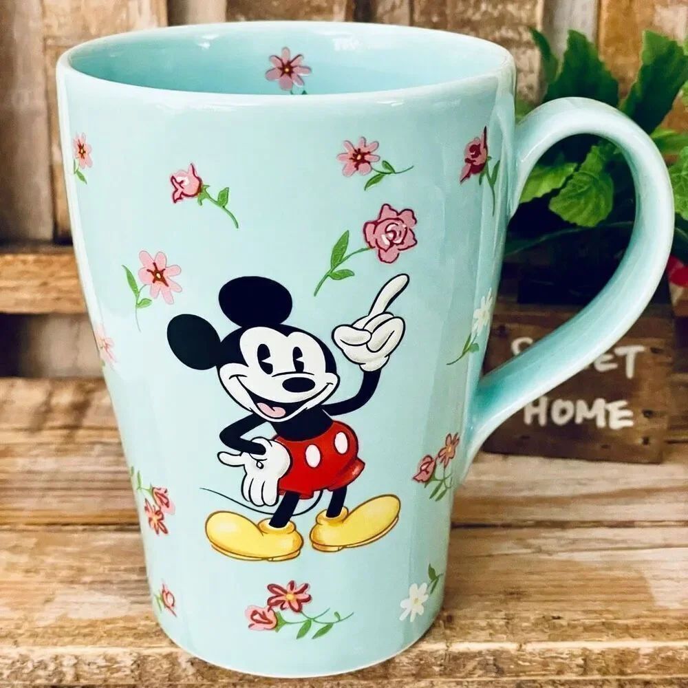 NWT Gorgeous Disney Store Mickey Mouse Light BlueโRoses & Flowers tall Mug